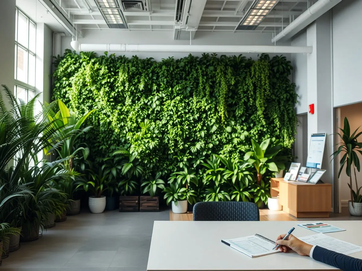 商业大堂内的室内植物墙实景,展示模块化种植与耐阴植物搭配